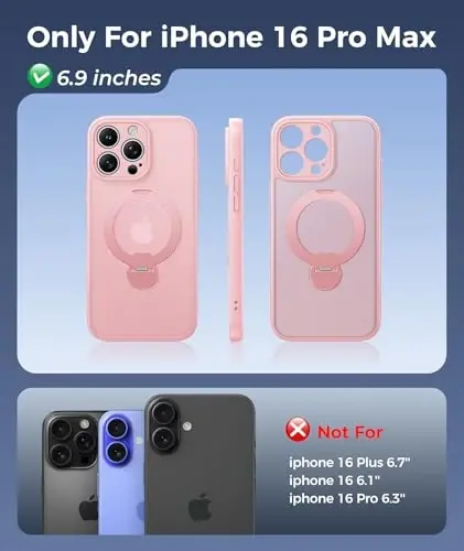 FNTCASE for iPhone 16 Pro-Max Case: [360 Spin Magnetic Stand] [Compatible with Magsafe] [Screen Protector] Translucent Matte Military Grade Shockproof Full Camera Protective Phone Cover - Pink - 2
