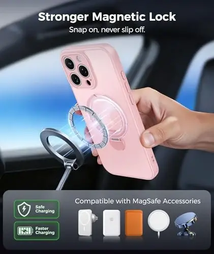 FNTCASE for iPhone 16 Pro-Max Case: [360 Spin Magnetic Stand] [Compatible with Magsafe] [Screen Protector] Translucent Matte Military Grade Shockproof Full Camera Protective Phone Cover - Pink - 5