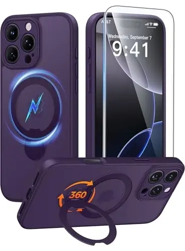 FNTCASE for iPhone 16 Pro-Max Case: [360 Spin Magnetic Stand] [Compatible with Magsafe] [Screen Protector] Translucent Matte Military Grade Shockproof Full Camera Protective Phone Cover - Purple 