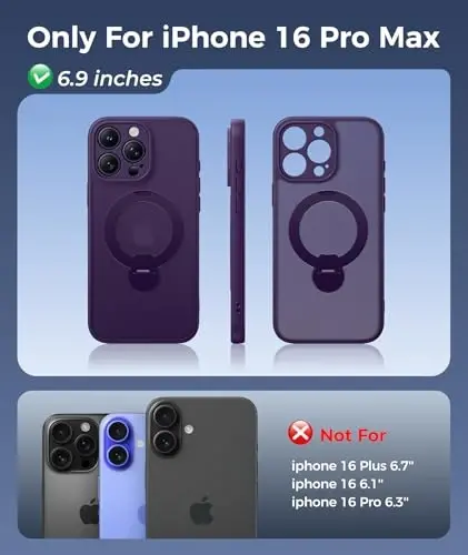 FNTCASE for iPhone 16 Pro-Max Case: [360 Spin Magnetic Stand] [Compatible with Magsafe] [Screen Protector] Translucent Matte Military Grade Shockproof Full Camera Protective Phone Cover - Purple - 2