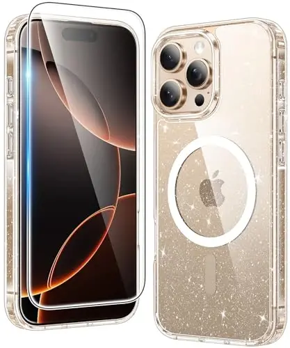 FNTCASE for iPhone 16 Pro-Max Case: Clear Magnetic Phone Cases Compatible with Magsafe Slim Anti Yellowing Military Grade Drop Protection Rugged Protective Transparent Cell Cover (B-Glitter Magnetic) 