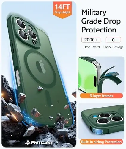 FNTCASE for iPhone 16 Pro Max Case: [Compatible with Magsafe] Translucent Matte Cases with [Full Camera Protection] [Screen Protector] Military Grade Shockproof Protective Phone Cover - Green - 5