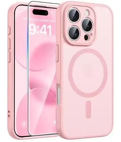 FNTCASE for iPhone 16 Pro Max Case: [Compatible with Magsafe] Translucent Matte Cases with [Full Camera Protection] [Screen Protector] Military Grade Shockproof Protective Phone Cover - Light Pink - FNTCASE