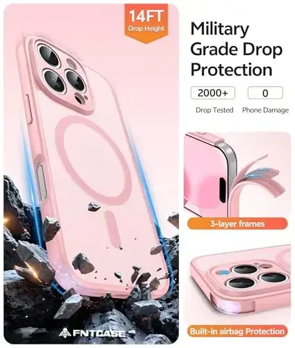 FNTCASE for iPhone 16 Pro Max Case: [Compatible with Magsafe] Translucent Matte Cases with [Full Camera Protection] [Screen Protector] Military Grade Shockproof Protective Phone Cover - Light Pink - 5