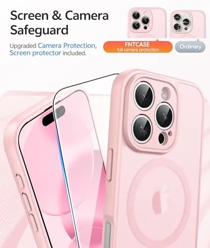 FNTCASE for iPhone 16 Pro Max Case: [Compatible with Magsafe] Translucent Matte Cases with [Full Camera Protection] [Screen Protector] Military Grade Shockproof Protective Phone Cover - Light Pink - 4