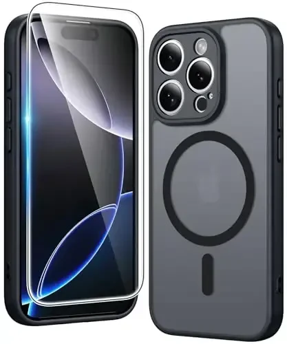 FNTCASE for iPhone 16 Pro-Max Case: Magnetic Matte Textured Military Grade Drop Protection Translucent Cell Phone Cover - Slim Rugged Durable Shockproof Protective Bumper Phonecase (C-Black) 