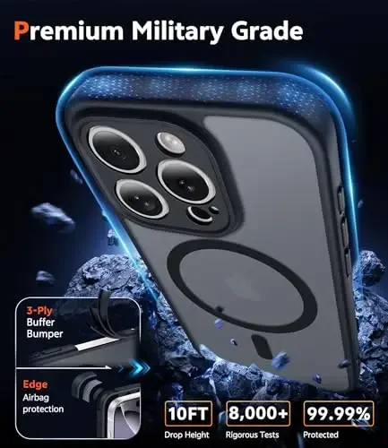 FNTCASE for iPhone 16 Pro-Max Case: Magnetic Matte Textured Military Grade Drop Protection Translucent Cell Phone Cover - Slim Rugged Durable Shockproof Protective Bumper Phonecase (C-Black) - 6