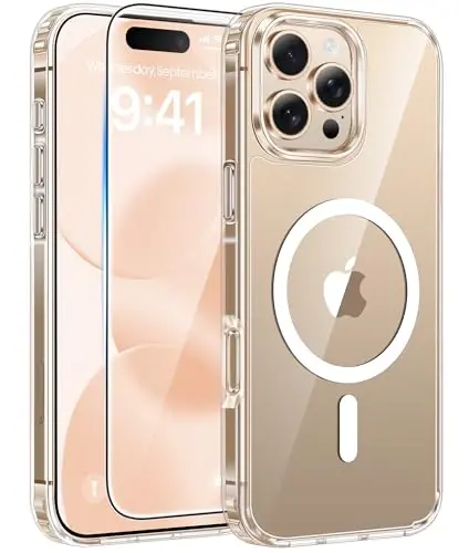 FNTCASE for iPhone 16 Pro Max Case: [Magsafe bilan mos keladi] [Ekran himoyasi] Sarg‘ayishga qarshi shaffof magnit telefon g‘ilofi - Harbiy darajadagi zarbaga chidamli, tushishdan himoya qiluvchi g‘iloflar - Shaffof 