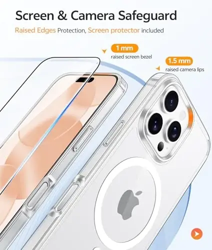 FNTCASE for iPhone 16 Pro Max Case: [Magsafe bilan mos keladi] [Ekran himoyasi] Sarg‘ayishga qarshi shaffof magnit telefon g‘ilofi - Harbiy darajadagi zarbaga chidamli, tushishdan himoya qiluvchi g‘iloflar - Shaffof - 4