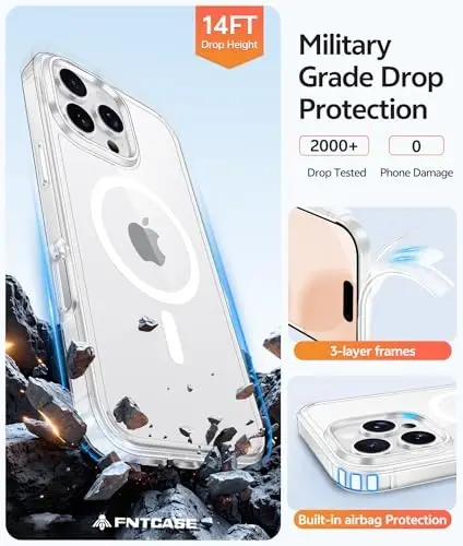 FNTCASE for iPhone 16 Pro Max Case: [Magsafe bilan mos keladi] [Ekran himoyasi] Sarg‘ayishga qarshi shaffof magnit telefon g‘ilofi - Harbiy darajadagi zarbaga chidamli, tushishdan himoya qiluvchi g‘iloflar - Shaffof - 5