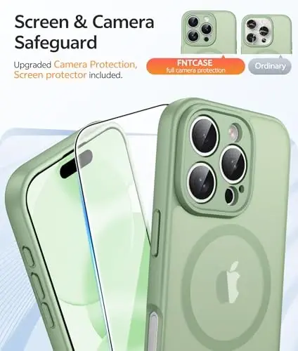 FNTCASE for iPhone 16 Pro Max Case: [Magsafe bilan mos keladi] [To'liq kamera himoyasi] [Ekran himoyachisi] bilan shaffof mat qutilar Harbiy darajadagi zarbaga chidamli himoya telefon qopqog'i - Light Moss - 4