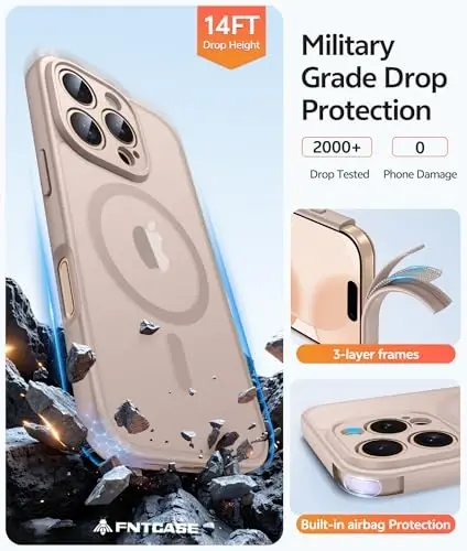 FNTCASE for iPhone 16 Pro Max Case: [Magsafe bilan mos keladi] [To‘liq kamera himoyasi] [Ekran himoyachisi] Harbiy darajadagi zarbaga chidamli himoya telefon g‘ilofi - Cho‘l Tilla (Desert Gold) - 5