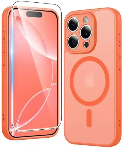 FNTCASE for iPhone 16 Pro-Max Case: Matte Magnetic Phone Cases with Screen Protector Compatible with Magsafe Slim Anti Yellowing Rugged Shockproof Protective Translucent Cell Cover (C-Orange) - 1