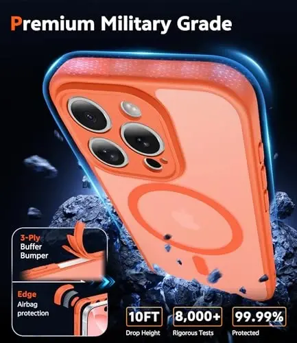 FNTCASE for iPhone 16 Pro-Max Case: Matte Magnetic Phone Cases with Screen Protector Compatible with Magsafe Slim Anti Yellowing Rugged Shockproof Protective Translucent Cell Cover (C-Orange) - 6