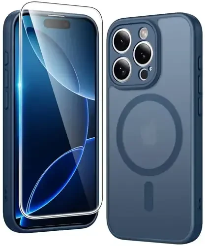 FNTCASE for iPhone 16 Pro-Max Case: Matte Magnetic Phone Cases with Screen Protector Compatible with Magsafe Slim Anti Yellowing Rugged Shockproof Protective Translucent Cell Phone Cover (C-Blue) 