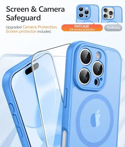 FNTCASE for iPhone 16 Pro Max G‘ilofi: [Magsafe bilan mos keladi] [To‘liq kamera himoyasi] va [Ekran himoyachisi] bilan yarim shaffof mat g‘iloflar harbiy darajadagi zarbaga chidamli himoya telefon qopqog‘i - Muzli ko‘k - 4
