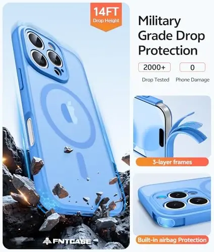 FNTCASE for iPhone 16 Pro Max G‘ilofi: [Magsafe bilan mos keladi] [To‘liq kamera himoyasi] va [Ekran himoyachisi] bilan yarim shaffof mat g‘iloflar harbiy darajadagi zarbaga chidamli himoya telefon qopqog‘i - Muzli ko‘k - 5