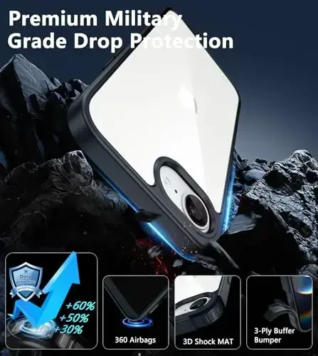 FNTCASE for iPhone 16e Phone Case: Anti Yellowing Shockproof Case | Military Grade Protection Scratch-Resistant Cases | Rugged Slim Transparent Cell Phone Cover (D-Black) - 6