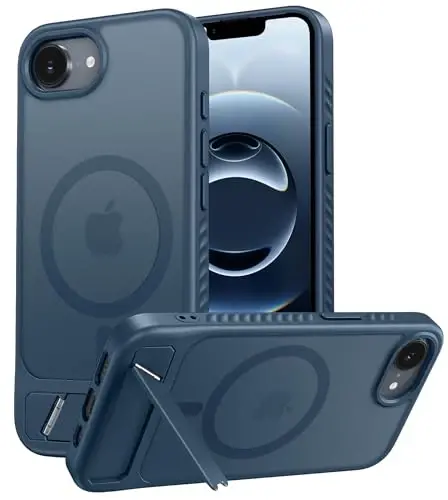 FNTCASE for iPhone 16E Phone Case: [Magnetic Stand] [Compatible with Magsafe] Translucent Matte Military Grade Shockproof Drop Rugged Protective Phone Cover, Blue - 1