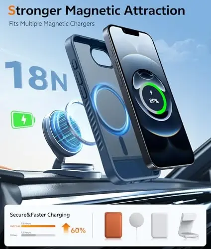 FNTCASE for iPhone 16E Phone Case: [Magnetic Stand] [Compatible with Magsafe] Translucent Matte Military Grade Shockproof Drop Rugged Protective Phone Cover, Blue - 3