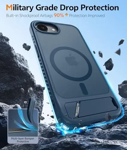 FNTCASE for iPhone 16E Phone Case: [Magnetic Stand] [Compatible with Magsafe] Translucent Matte Military Grade Shockproof Drop Rugged Protective Phone Cover, Blue - 5