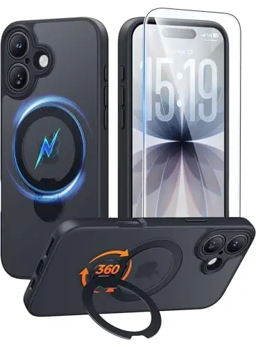 FNTCASE for iPhone 17 Case: [360 Spin Magnetic Stand] [Compatible with Magsafe] [Screen Protector] Translucent Matte Military Grade Shockproof Full Camera Protective Phone Cover - Black 