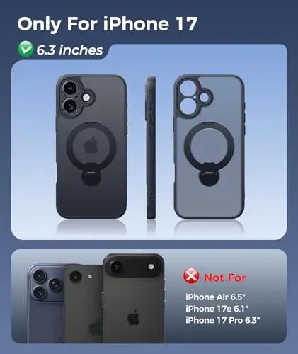FNTCASE for iPhone 17 Case: [360 Spin Magnetic Stand] [Compatible with Magsafe] [Screen Protector] Translucent Matte Military Grade Shockproof Full Camera Protective Phone Cover - Black - 2