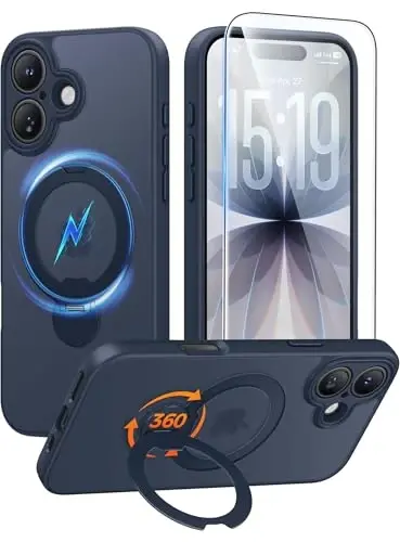 FNTCASE for iPhone 17 Case: [360 Spin Magnetic Stand] [Compatible with Magsafe] [Screen Protector] Translucent Matte Military Grade Shockproof Full Camera Protective Phone Cover - Deep Blue 