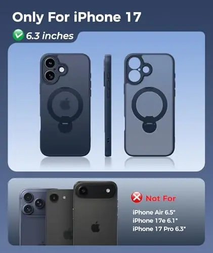 FNTCASE for iPhone 17 Case: [360 Spin Magnetic Stand] [Compatible with Magsafe] [Screen Protector] Translucent Matte Military Grade Shockproof Full Camera Protective Phone Cover - Deep Blue - 2
