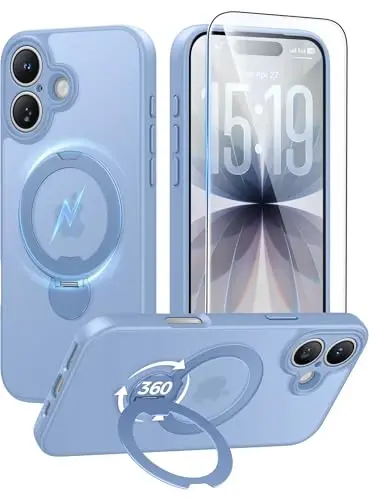 FNTCASE for iPhone 17 Case: [360 Spin Magnetic Stand] [Compatible with Magsafe] [Screen Protector] Translucent Matte Military Grade Shockproof Full Camera Protective Phone Cover - Light Blue - FNTCASE