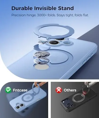 FNTCASE for iPhone 17 Case: [360 Spin Magnetic Stand] [Compatible with Magsafe] [Screen Protector] Translucent Matte Military Grade Shockproof Full Camera Protective Phone Cover - Light Blue - 3