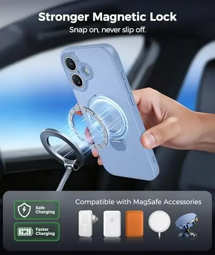 FNTCASE for iPhone 17 Case: [360 Spin Magnetic Stand] [Compatible with Magsafe] [Screen Protector] Translucent Matte Military Grade Shockproof Full Camera Protective Phone Cover - Light Blue - 5