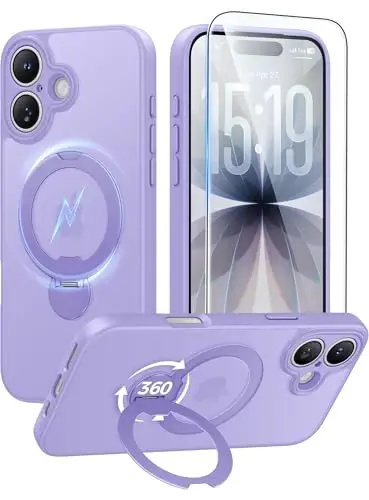 FNTCASE for iPhone 17 Case: [360 Spin Magnetic Stand] [Compatible with Magsafe] [Screen Protector] Translucent Matte Military Grade Shockproof Full Camera Protective Phone Cover - Light Purple 