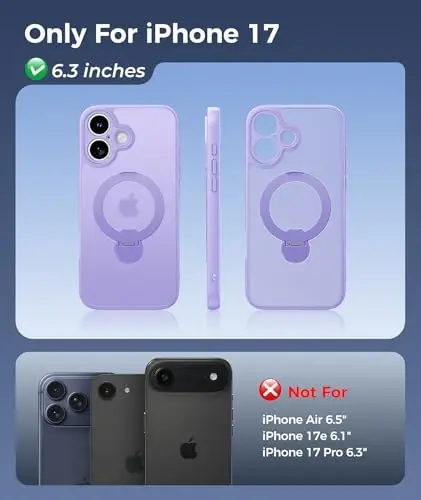 FNTCASE for iPhone 17 Case: [360 Spin Magnetic Stand] [Compatible with Magsafe] [Screen Protector] Translucent Matte Military Grade Shockproof Full Camera Protective Phone Cover - Light Purple - FNTCASE (1)
