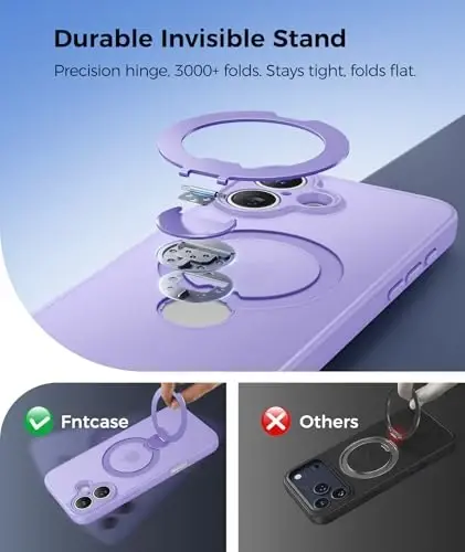 FNTCASE for iPhone 17 Case: [360 Spin Magnetic Stand] [Compatible with Magsafe] [Screen Protector] Translucent Matte Military Grade Shockproof Full Camera Protective Phone Cover - Light Purple - 3