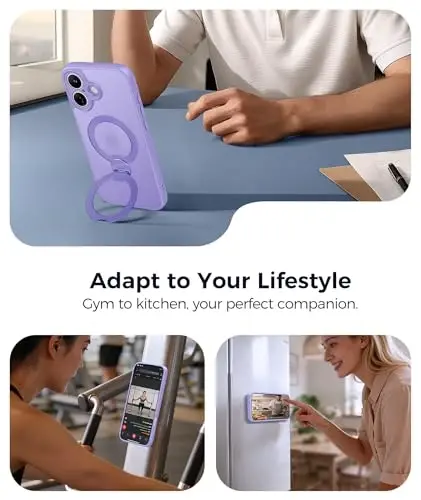 FNTCASE for iPhone 17 Case: [360 Spin Magnetic Stand] [Compatible with Magsafe] [Screen Protector] Translucent Matte Military Grade Shockproof Full Camera Protective Phone Cover - Light Purple - 4