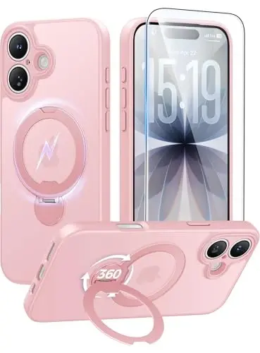 FNTCASE for iPhone 17 Case: [360 Spin Magnetic Stand] [Compatible with Magsafe] [Screen Protector] Translucent Matte Military Grade Shockproof Full Camera Protective Phone Cover - Pink - 1