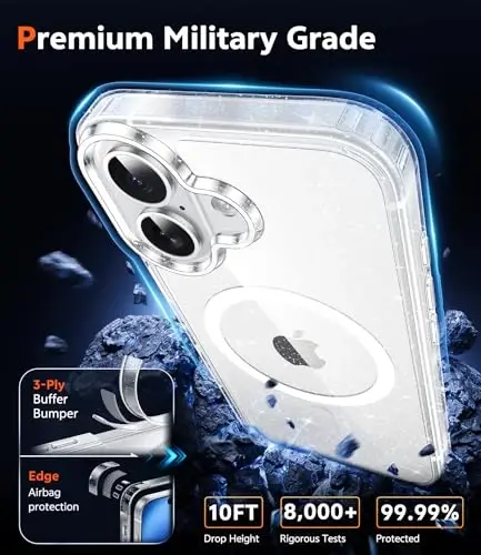FNTCASE for iPhone 17 Case Clear: Magnetic Phone Cases Compatible with Magsafe Slim Anti Yellowing Military Grade Drop Protection Rugged Protective Transparent Cell Cover (B-Glitter Magnetic) - 6