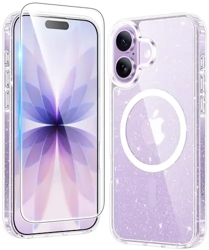 FNTCASE for iPhone 17 Case Clear: Magnetic Phone Cases Compatible with Magsafe Slim Anti Yellowing Military Grade Drop Protection Rugged Protective Transparent Cell Cover (B-Glitter Magnetic) 