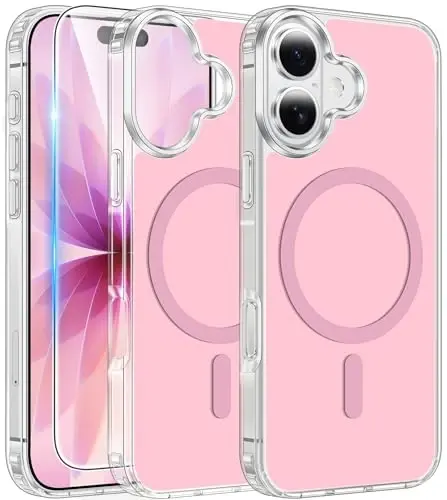 FNTCASE for iPhone 17 Case Clear: Magnetic Phone Cases with Screen Protector Compatible with Magsafe Slim Anti Yellowing Rugged Shockproof Protective Transparent Cell Cover (Pink) - 1