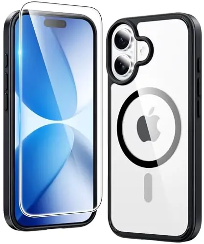 FNTCASE for iPhone 17 Case Clear: Magnetic Phone Cases with Screen Protector Drop Proof Compatible with Magsafe Slim Anti Yellowing Rugged Shockproof Protective Transparent Cell Cover (B-Black) - FNTCASE