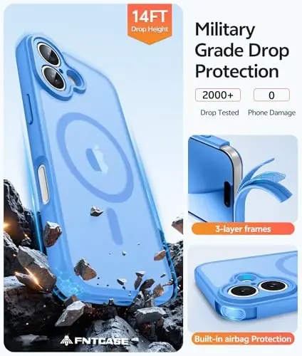 FNTCASE for iPhone 17 Case: [Compatible with Magsafe] Translucent Matte Cases with [Full Camera Protection] [Screen Protector] Military Grade Shockproof Protective Phone Cover - Ice Blue - 5