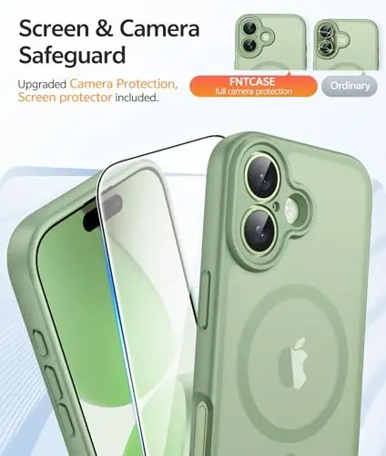 FNTCASE for iPhone 17 Case: [Compatible with Magsafe] Translucent Matte Cases with [Full Camera Protection] [Screen Protector] Military Grade Shockproof Protective Phone Cover - Light Moss - 4