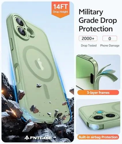 FNTCASE for iPhone 17 Case: [Compatible with Magsafe] Translucent Matte Cases with [Full Camera Protection] [Screen Protector] Military Grade Shockproof Protective Phone Cover - Light Moss - 5