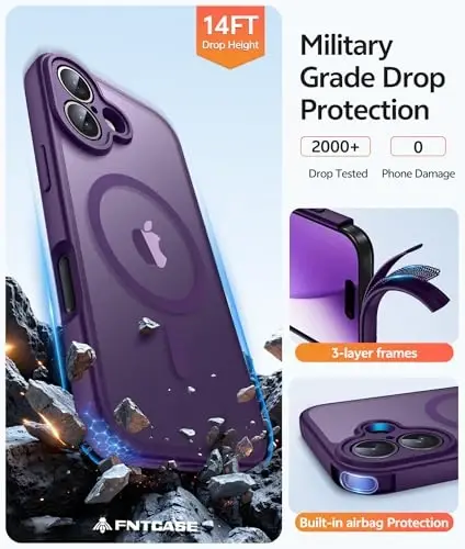 FNTCASE for iPhone 17 Case: [Magsafe bilan mos keladi] [To'liq kamera muhofazasi] [Ekran himoyasi] bilan shaffof mat qoplami Harbiy darajadagi zarbaga chidamli himoya telefon qopqog'i - Binafsha - 5