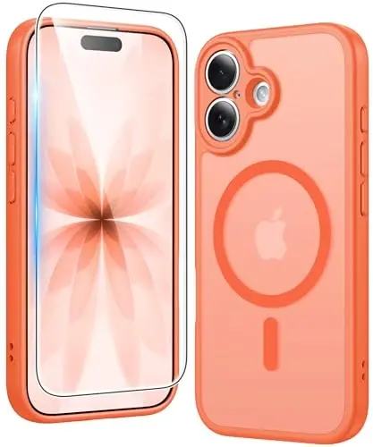 FNTCASE for iPhone 17 Case Matte: Magnetic Phone Cases with Screen Protector Drop Proof Compatible with Magsafe Slim Anti Yellowing Rugged Protective Translucent Cell Phone Cover (C-Orange) - FNTCASE