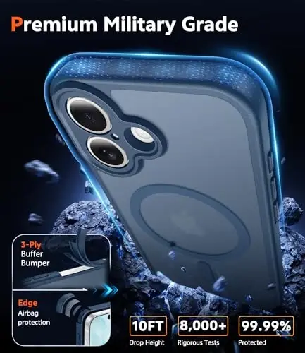 FNTCASE for iPhone 17 Case Matte: Magnetic Phone Cases with Screen Protector Drop Proof Compatible with Magsafe Slim Anti Yellowing Rugged Shockproof Protective Translucent Cell Cover (C-Blue) - 6