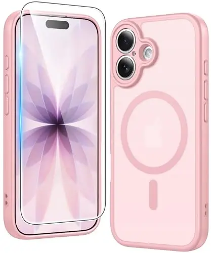 FNTCASE for iPhone 17 Case Matte: Magnetic Phone Cases with Screen Protector Drop Proof Compatible with Magsafe Slim Anti Yellowing Rugged Shockproof Protective Translucent Cell Cover (C-Pink) - FNTCASE