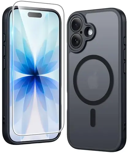 FNTCASE for iPhone 17 Case Matte: Magnetic Translucent Phone Cases with Screen Protector and Lens Protection Durable Textured Rugged Shockproof Protective Slim Cell Cover 6.3 inch (C-Black) 