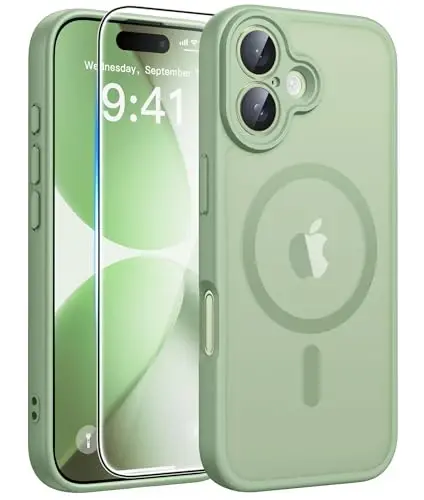 FNTCASE for iPhone 17 Case, Compatible with Magsafe, Glass Screen Protector | Full Camera Protection, Translucent Matte, 14FT Military Grade Drop Proof, Shockproof Protective Phone Cover, Light Moss 